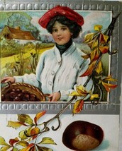 Lady With Chestnuts Basket Postcard Vintage Embossed AMP Milwaukee WIS 1911 - £9.41 GBP