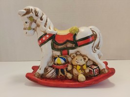 Vtg Ceramic Enesco White Rocking Horse &amp; Toys  Piggy Coin Bank With Plug - £12.04 GBP