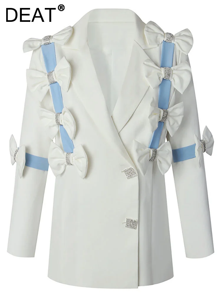 DEAT  Women&#39;s Blazer Patchwork Bow Notched Collar Single Braested Long S... - £182.41 GBP