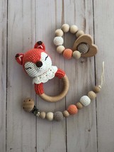 Baby crochet gifts,Fox Crochet Rattle , Crochet animals, Crochet pacifier Clip,  - £21.86 GBP