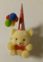 Vintage &#39;80s Flocked/Felt Teddy Bear W/Balloons, Hat, &amp; Bow Pinback Brooch Pin - $13.95