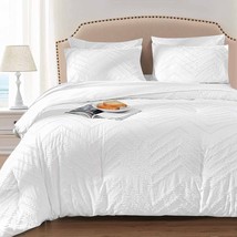 7Pc King Comforter Set With Sheets, White Tufted Boho Jacquard Soft Shab... - $101.64