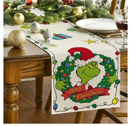 The Grinch Stole Christmas Burlap Table Runner 12&quot; X 72&quot; White Green Hol... - $6.92