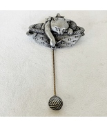 JJ Kitty Cat Pin Brooch Basket Yarn Ball Dangle Pewter Silvertone Signed Vintage - $20.00