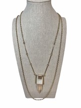 Vtg  Goldtone 2-Strand Necklace Pendant White Stone—Mother of Pearl? Faux? 30&quot; - £10.44 GBP