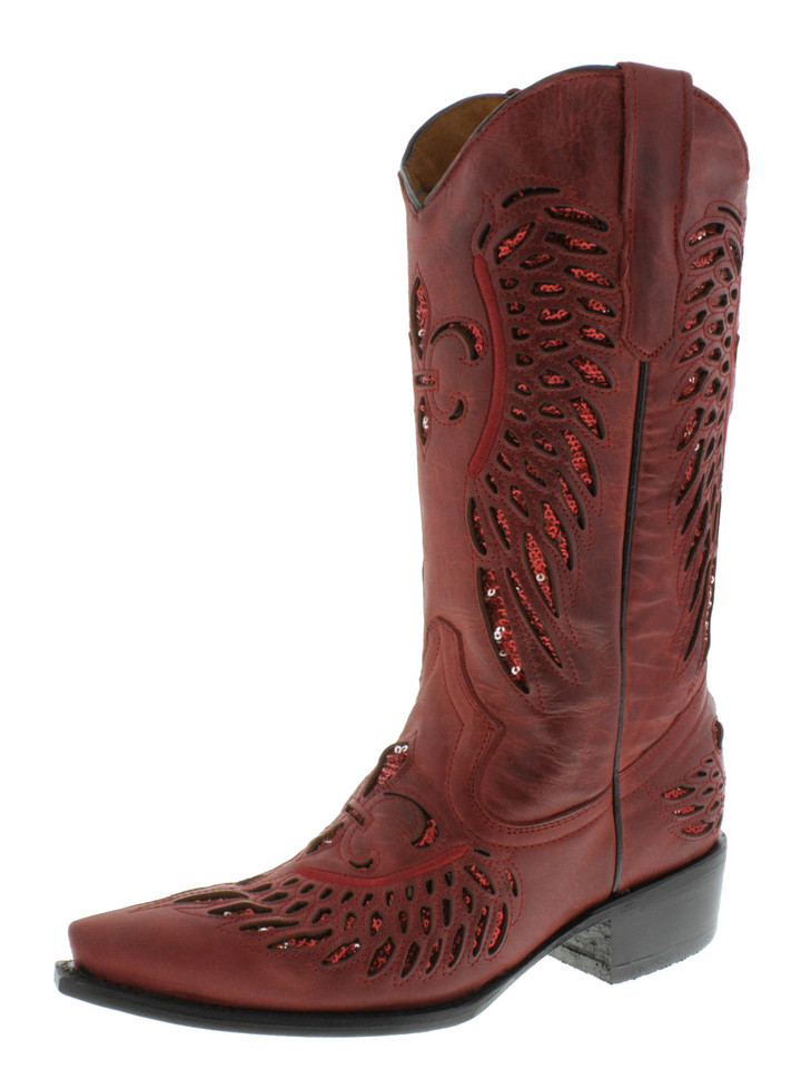 Womens Western Boots Red Leather Sequins Fleur-De-Lis Wings Snip Toe Size 6 - $76.82