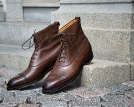 Handmade Men’s Brown Cap Toe Cowhide Leather  Lace Up Balmoral Boots for Men - £110.99 GBP