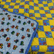 Quilt Baby Crib Blanket Trains Cars Airplanes Trucks Blue Yellow 36&quot; x 3... - £23.15 GBP