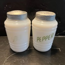 Vintage Hazel Atlas Milk Glass Beehive Green Letters Salt &amp; Pepper Shakers - £48.11 GBP