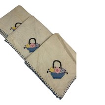 3 Set Vintage Linen Napkins Hem Stitch Hand Embroidery Floral Button Bas... - £25.72 GBP