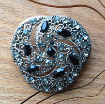 Vintage Silver Tone Black Crystal Rhinestone Swirl Flower Brooch Pin US Seller - £11.07 GBP