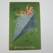 Postcard Birthday Greeting Antique 1913 Angels Green Clover Blue Flowers on Kite - £7.96 GBP