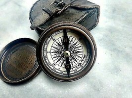 Nautical Vintage Brass Antique Compass With Leather Box New Year X-Mas Gift - £20.24 GBP