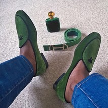 Loafer Slips On Green Suede Handmade Vintage Leather Fashionable Classic Shoes  - £99.59 GBP