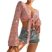 Women&#39;S Tie Dye Self Tie Crochet Swimsuit Cover Up Top Sexy Crop Top Multicolor  - £34.47 GBP
