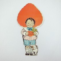 Vintage Valentine Cutout Card Stand Up Boy w/ Flowers &amp; Dog 1920s-30s UNSIGNED - £13.46 GBP
