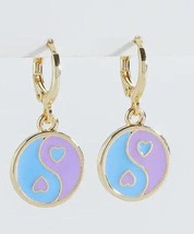 Blue Purple Mini Heart Ying Yang Charm Hoop Earrings - £10.44 GBP