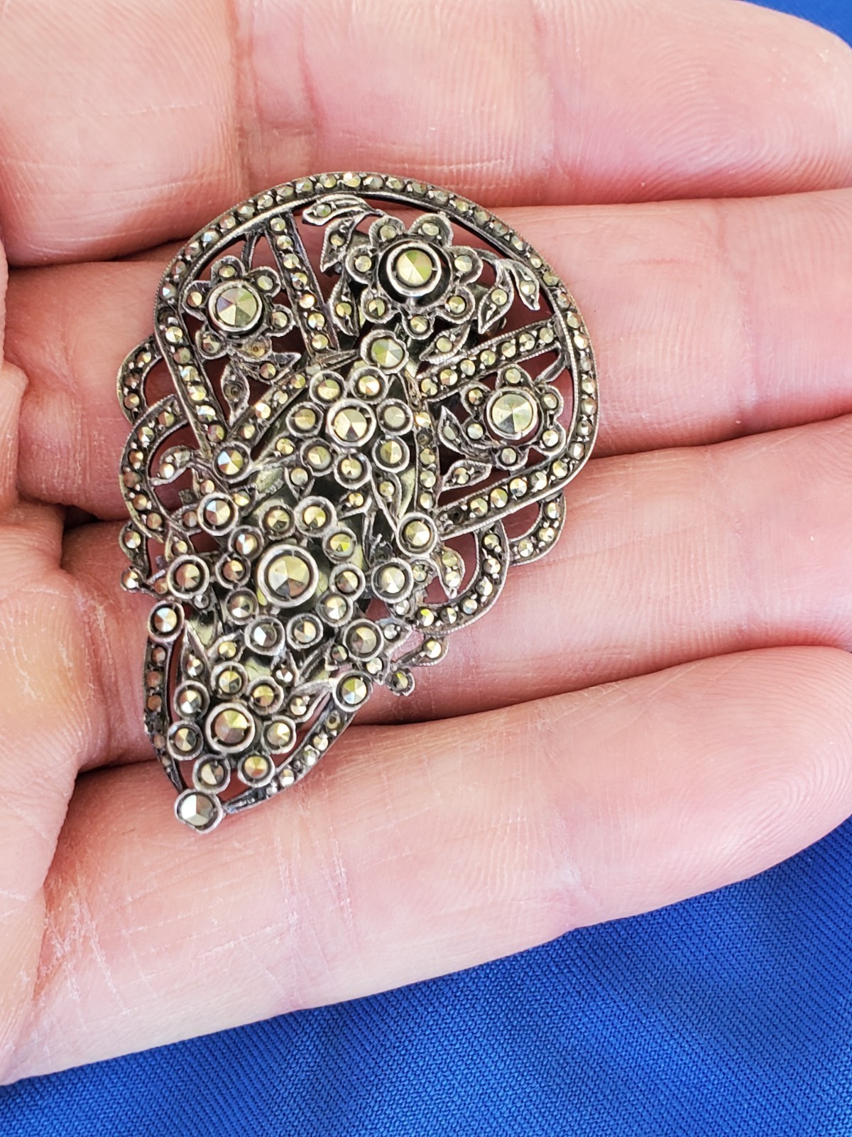 Vintage Art Deco Sterling Silver 935 Diamond Cut Marcasite Large Pin Brooch Clip Item image 14