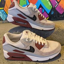 CLEAN Nike Air Max 90 Mens US 10 White Burgundy Grey Sneakers FN6958-101 - $103.94