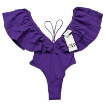 Zara Swimsuit Women S Purple Ruffle Plunging Neckline One Piece Strappy ... - $20.32