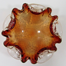 Vintage Murano Amber and Clear Bullicante Bubble Glass Ruffled Bowl - £78.16 GBP