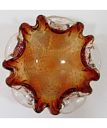 Vintage Murano Amber and Clear Bullicante Bubble Glass Ruffled Bowl - £77.44 GBP