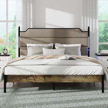 King Size Bed Frame w/ Upholstered Headboard, Charging Station, LED Lights, Wood - $304.54