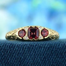 Natural Garnet Diamond Vintage Style Three Stone Ring in Solid 9K Yellow Gold - £471.97 GBP