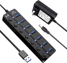 Powered USB 3.0 Hub Adapter 7Port USB Splitter with Individual ON Off Sw... - £33.19 GBP
