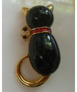 Vintage Signed  AK "Anne Klein" Gold-tone Black Cat Brooch W/Red Rhinest... - $23.27
