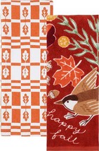 2 DIFFERENT TERRY TOWELS (16.5&quot;x26&quot;) LEAVES, ACORNS &amp; BIRDS, HAPPY FALL,KO - £11.63 GBP