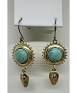 Gold Tone &amp; Turquoise Cabochon Round Boho Dangle Earrings - €12,65 EUR