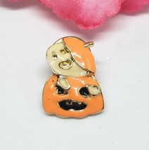 White &amp; Orange Enamel Ghost in the Pumpkin Gold Tone Halloween Lapel Pin - £10.35 GBP