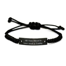 Love Tabby Cat Black Rope Bracelet, All You Need is Love and a Tabby, Unique Gif - £18.69 GBP