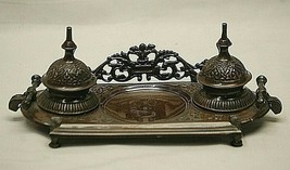 Ornate Double Ink Well Filigree Metal Footed Bronze Color India Made Vintage - £62.01 GBP