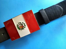 Peru Flag Epoxy buckle &amp; Black Bonded leather Belt (30&quot;- 50&quot; Size) - £10.03 GBP