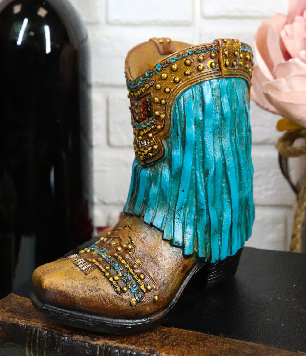 Rustic Western Cowboy Turquoise Frill Fringe Faux Leather Boot Pen Holder Decor