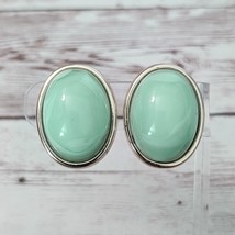 Vintage Clip On Earrings Domed Pastel Green Oval with Gold Tone Halo Large - $13.99