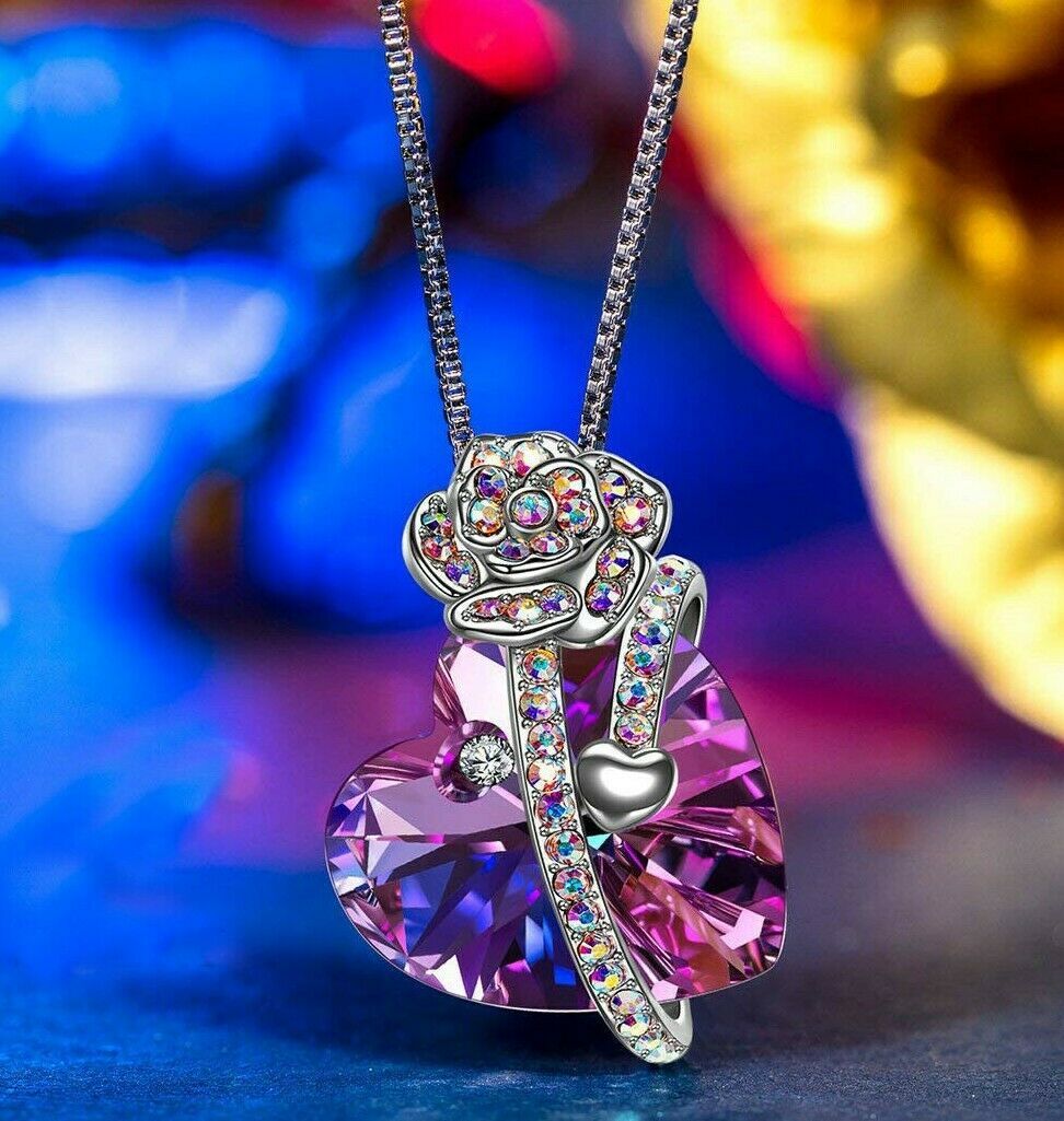 Angel Wings  Purple Crystal Heart Pendant Necklace Austria Crystals - $7.83