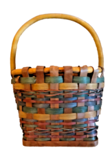 Vintage Storage Woven Basket Multicolor W/Handle Round Shape Handmade Heavy Duty - £21.23 GBP