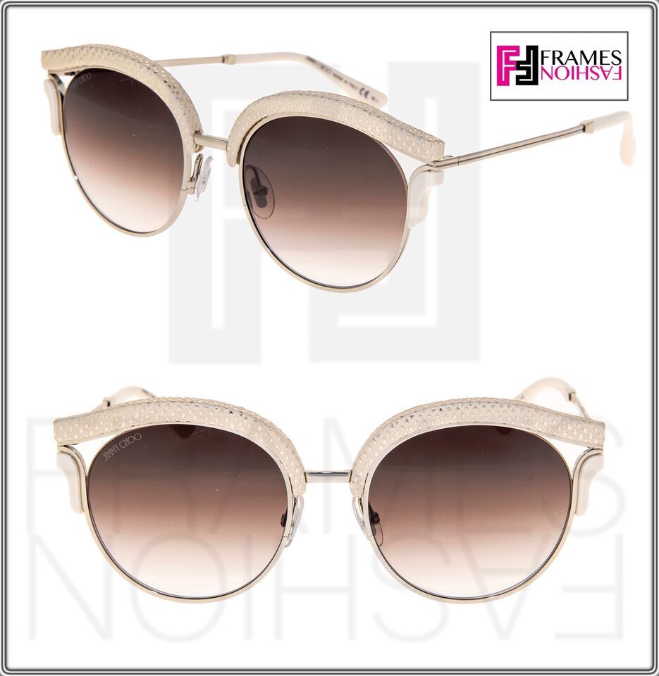 JIMMY CHOO LASH Silver Taupe Leather Glitter Stud Metal Cat Eye Sunglasses - $200.97