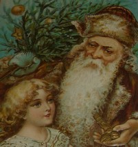 Santa Claus in Brown Coat With Tree and Little Girl Antique Christmas Postcard  - $32.00