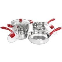 Gibson Home Crawson 7 Piece Stainless Steel Cookware Set In Chrome With Red Han - £86.54 GBP