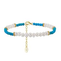 Elegant Fusion: 925 Sterling Silver Gold Plated Pearl and Turquoise Brac... - $32.00