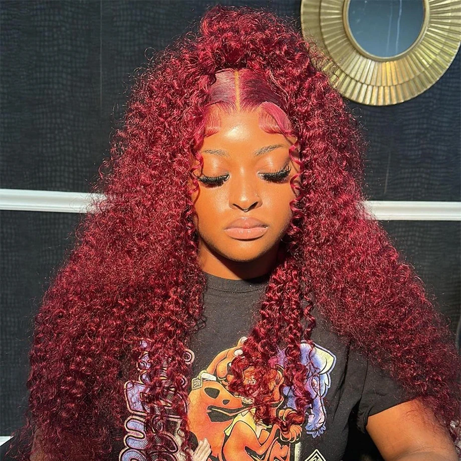 Deep Wave Burgundy 13x4 Transparent Glueless Red Wig Colored Lace Front Human - £86.88 GBP+