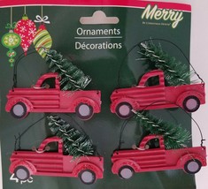 Christmas Ornaments Red Pick-Up Trucks Carrying Trees w Hanging Loops 4 ... - £2.75 GBP