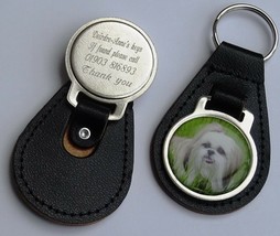 Genuine Leather Personalised Engraved Key Ring FOB with Shih TZU Picture - £15.93 GBP