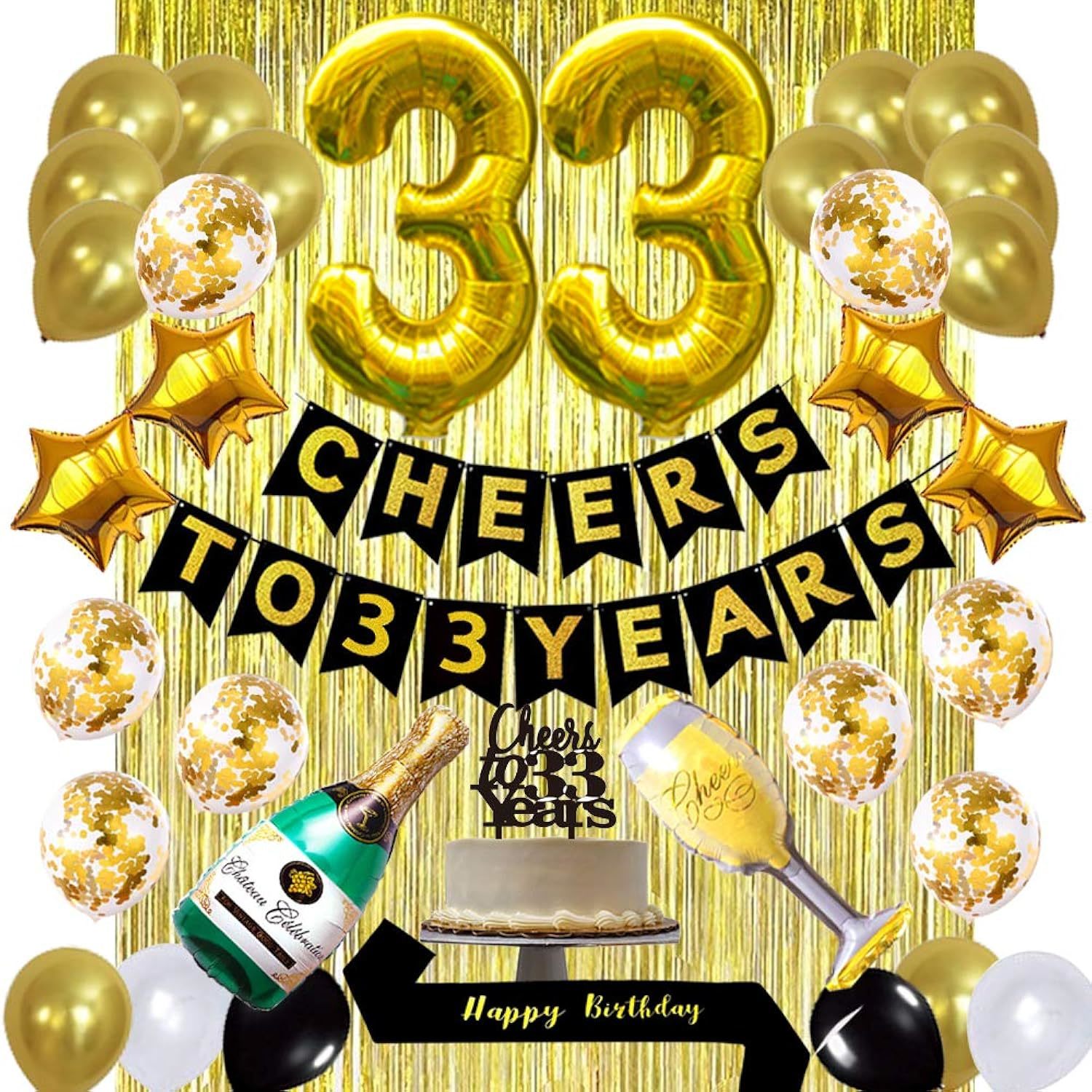 Gold 33Rd Birthday Decorations Kit, Cheers To 33 Years Banner Balloons,33Rd Cake