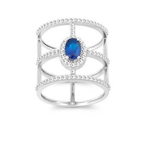 Sterling Silver Wide Triple Row with Center Blue Oval CZ Ring - £54.84 GBP
