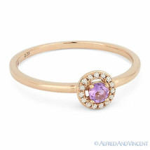 0.15ct Round Cut Pink Amethyst Gem &amp; Diamond Halo Promise Ring in 14k Rose Gold - £194.28 GBP